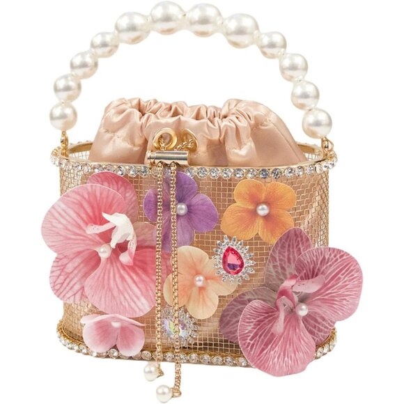 ⚡ Women's Multi Flower Shaped Rhinestone Evening Metallic Bucket Crossbody Bag - Picture 1 of 9